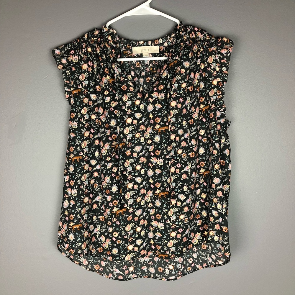 Petite Cougar Floral Smocked Ruffle Tie Neck Shell